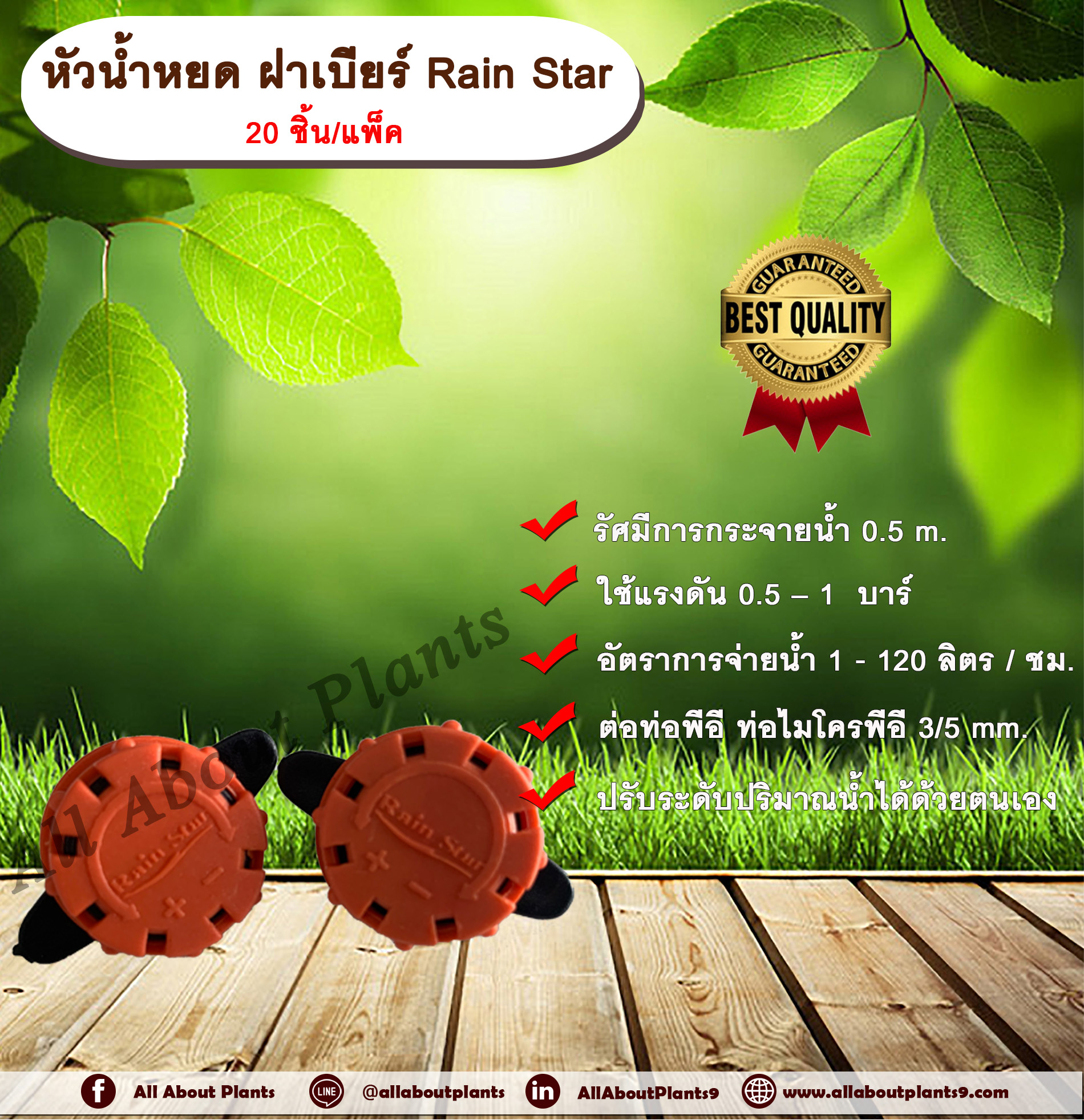 หัวน้ำหยด ฝาเบียร์ Rain Star 20 ชิ้น/แพ็ค ก๊อกน้ำหยด รดน้ำต้นไม้ หยดแบบหลายรูหยด allaboutplants ชิ้น