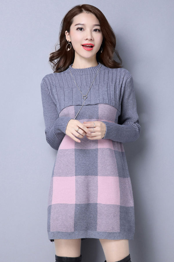 เดรสไหมพรมคอเต่า แขนยาว ถักลายตาราง (12219B)