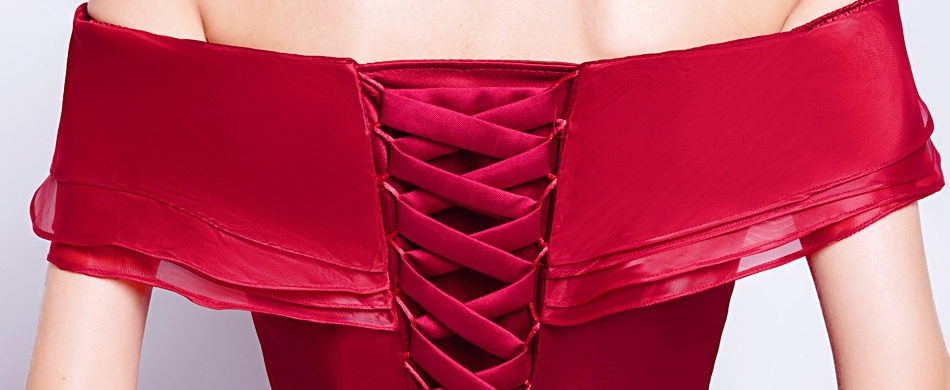 Pre-order ชุดแฟนซี ชุดเจ้าสาว ชุดราตรียาว สีไวน์แดง ไหล่ปาด จับเดรปช่วงอก กระโปรงทรงหางปลา เชือกผูกหลัง