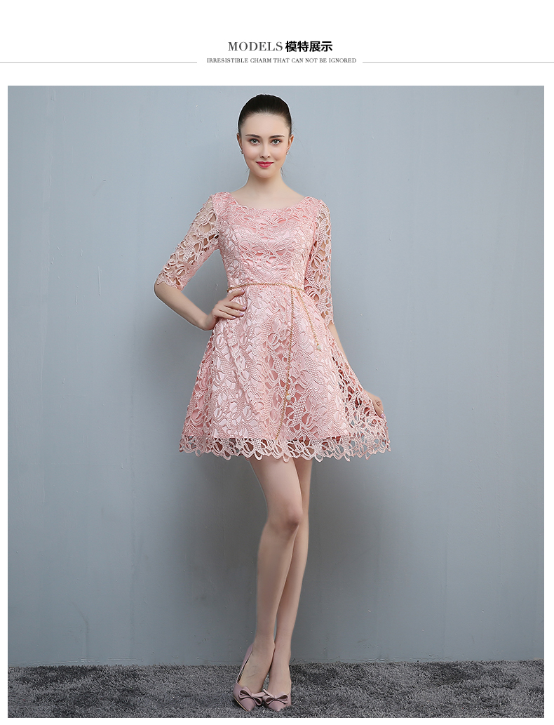Pre-order ชุดราตรีสั้น แขนสามส่วน สีชมพู สวยหวาน ตัวชุดแต่งลูกไม้ คาดเอวด้วยเข็มขัดโซ่ ซิปหลัง