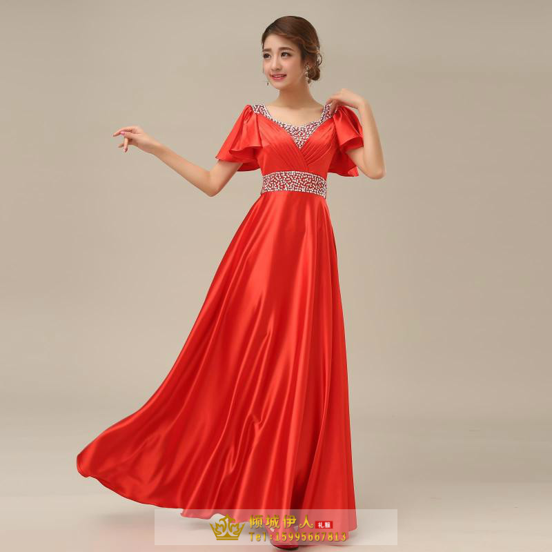 Pre-order ชุดราตรียาว แบบแขนสั้น ผ้าซาตินสวยสง่า อกจับจีบปักเลื่อมช่วงอก-เอว สีทอง (เชือกผูกหลัง)