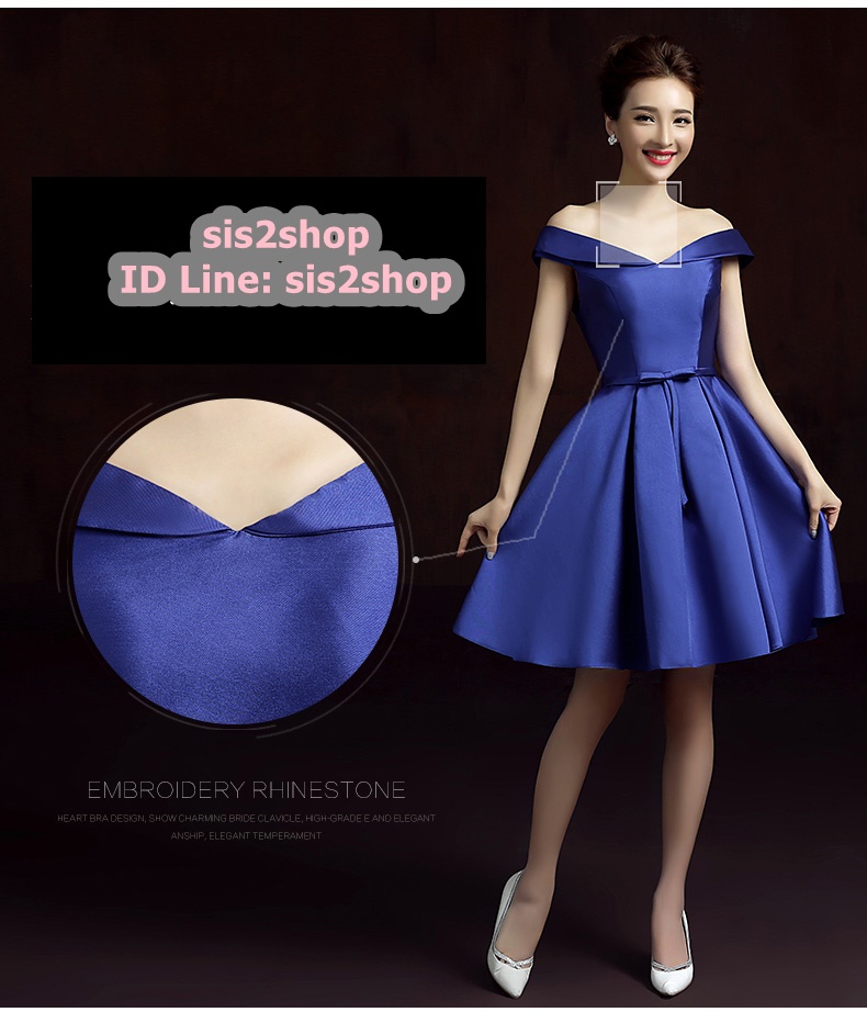 พร้อมส่ง ชุดราตรีสั้น แบบไหล่ปาด สไตล์วินเทจผ้าไหมดัชเชส กระโปรงทรงA แต่งโบว์ช่วงเอว (เชือกผูกหลัง) สีน้ำเงิน