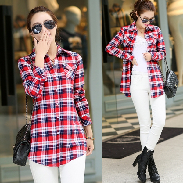 เสื้อเชิ้ตลายสก็อตตัวยาว แขนยาว ผ้าทอนิ่ม (12386AL)
