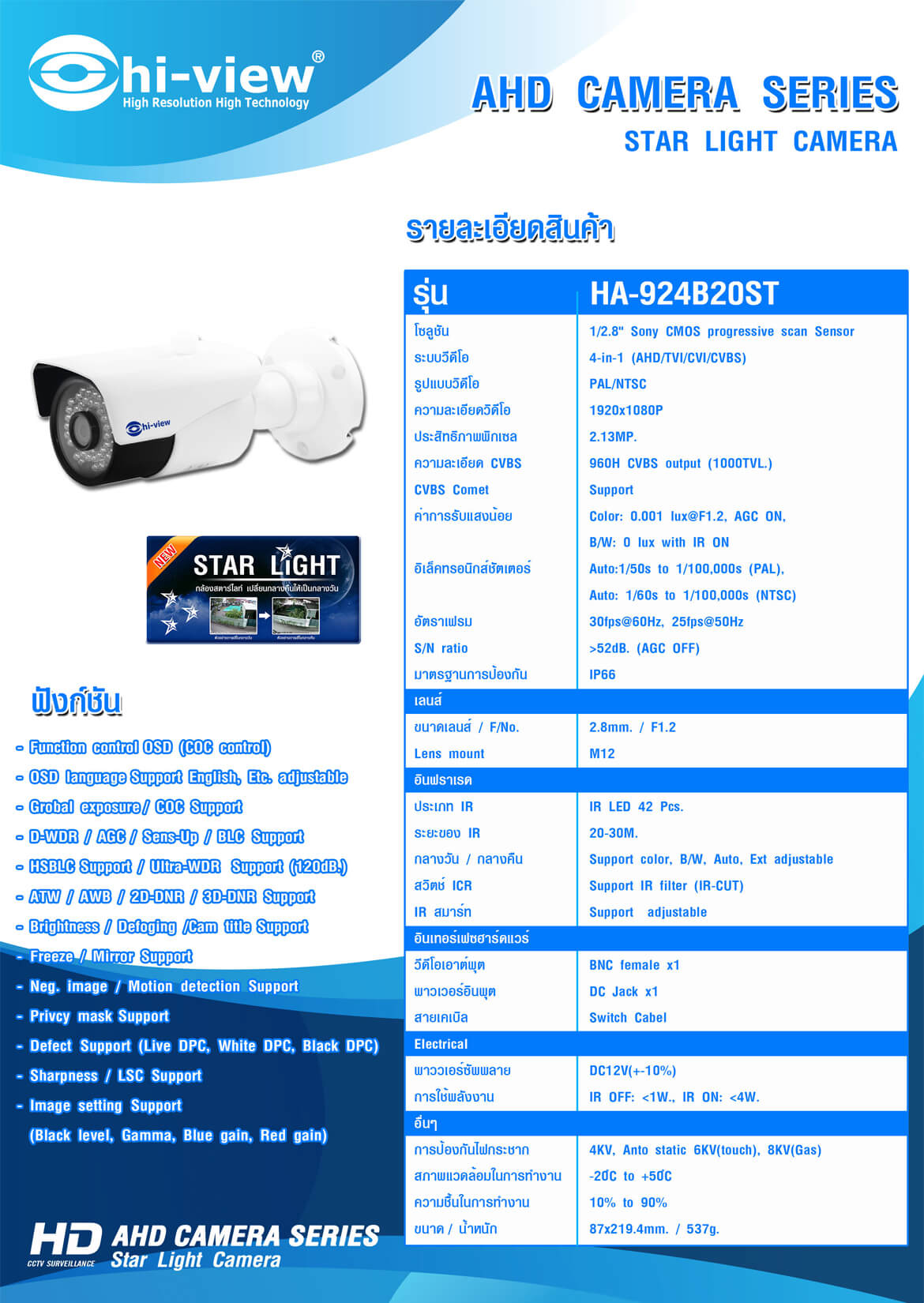 Hiview HA-924B20ST คมชัด 2MP Starlight ให้ภาพสีที่แสงน้อย มีปุ่ม OSD Cable