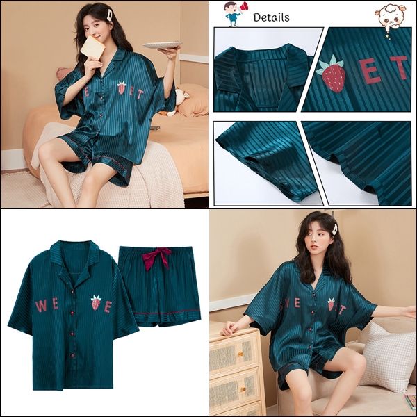 🚩พร้อมส่ง🚩ชุดนอน Silk Satin แขนสั้นขาสั้น ชุดนอนซาตินเกรดพรีเมี่ยม ผ้านุ่มลื่นละมุนผิว ใส่สบายไม่ร้อน (CT116-2)