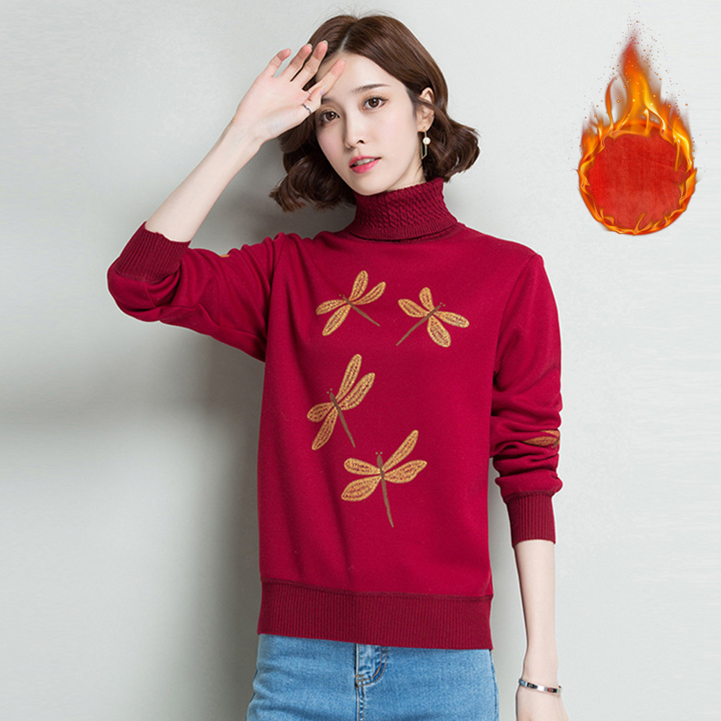 เสื้อคอเต่า เสื้อไหมพรมบุขนแคชเมียร์กันหนาว ปักลายผีเสื้อ (12380B)