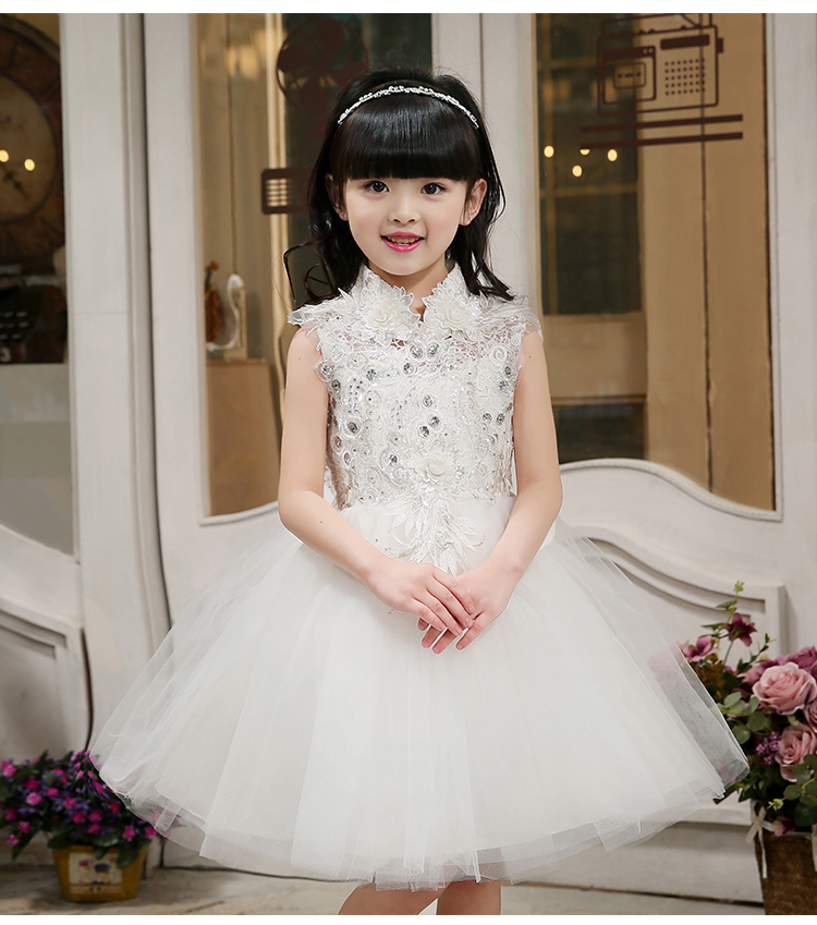 Pre-order ชุดราตรีเด็ก ชุดออกงาน ชุดกระโปรง แขนกุด คอจีน แต่งดอก แต่งเพชรช่วงอก กระโปรงตาข่าย ซิปหลัง