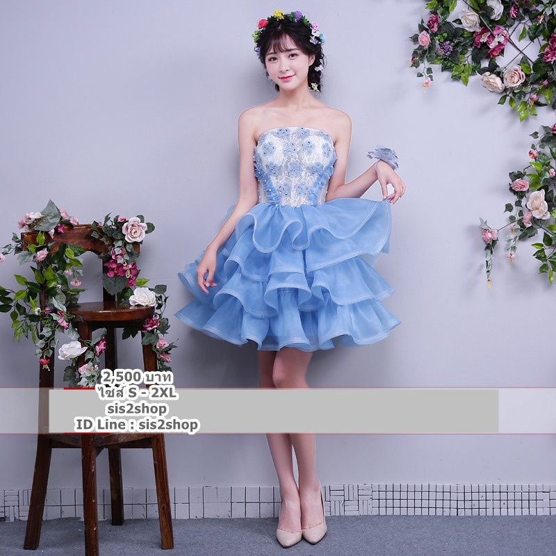 Pre-orderชุดแฟนซีชุดราตรีสั้นเกาะอกแต่งดอกและผ้าลูกไม้ กระโปรงระบาย