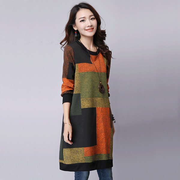 เดรสทรงปล่อยแฟชั่นวินเทจ แขนยาว แต่งกระเป๋าคู่ (11739M)