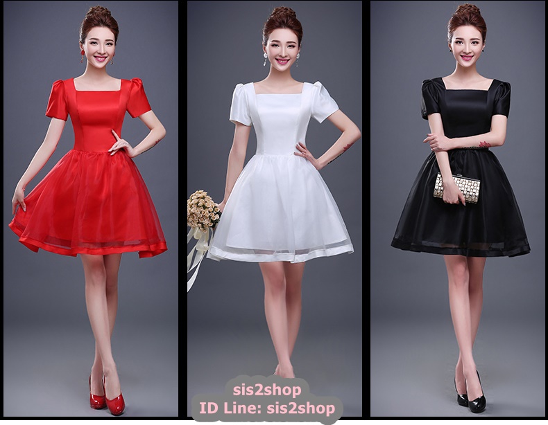 Pre-order ชุดราตรีสั้น สีดำ เรียบหรู แขนตุ๊กตา เนื้อซาติน + ผ้าโปร่ง มีซับใน เข็มกลัดโบว์ติดด้านหลัง (เชือกผูกหลัง) สำเนา สำเนา