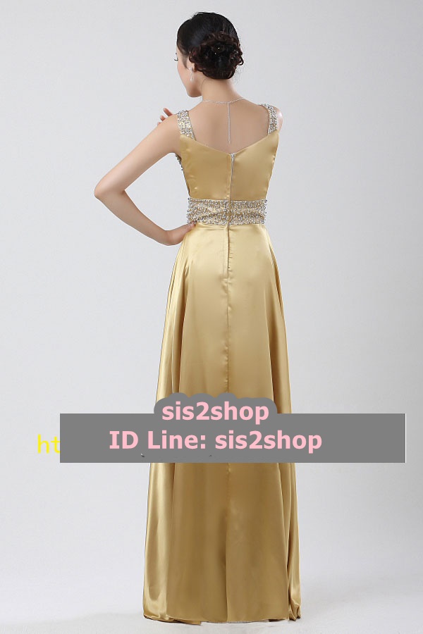 พร้อมส่ง ชุดราตรียาว สายเดี่ยว ผ้าซาติน สีทอง อกจับจีบตีเกล็ด ปักเลื่อมหรู