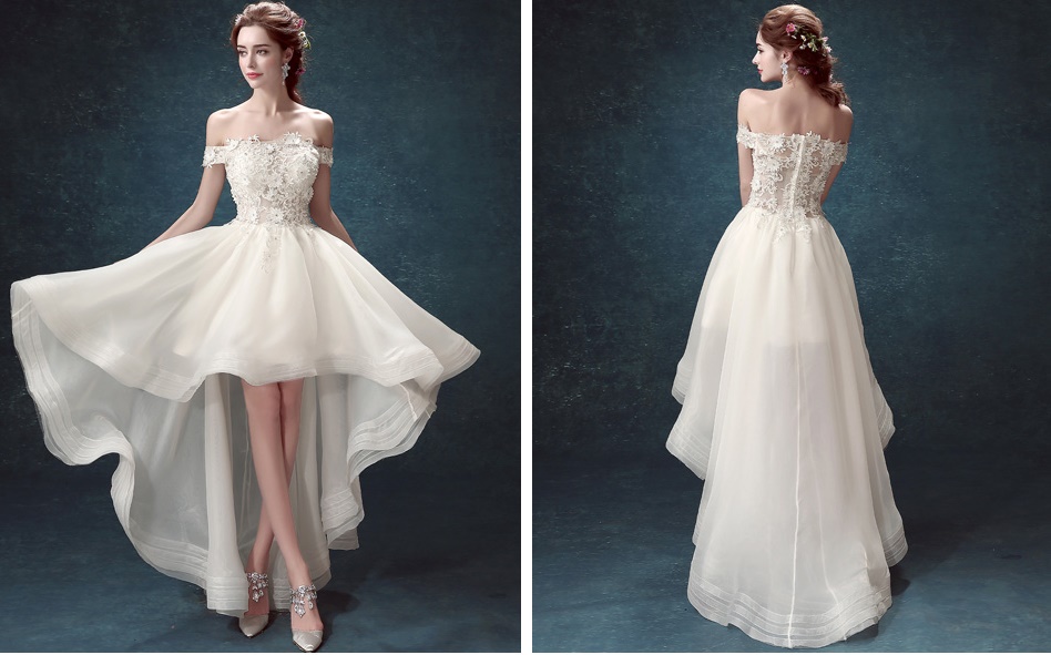 Pre-order ชุดแฟนซี ชุดเจ้าสาว ชุดราตรี สีขาว ปาดไหล่ แต่งดอกไม้ ปักเลื่อม หน้าสั้นหลังยาว เชือกผูกหลัง