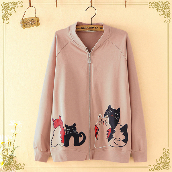 สื้อแจ็คเก็ตกันหนาววิจเทจ ปักลายแมว แต่งกระเป๋าคู่ (12310LM)