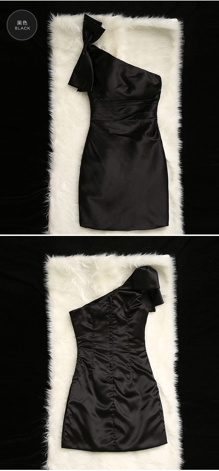 Pre-order ชุดราตรีสั้น เกาะอก ไหล่เดียว แต่งโบว์ มีซิป จับเดรป