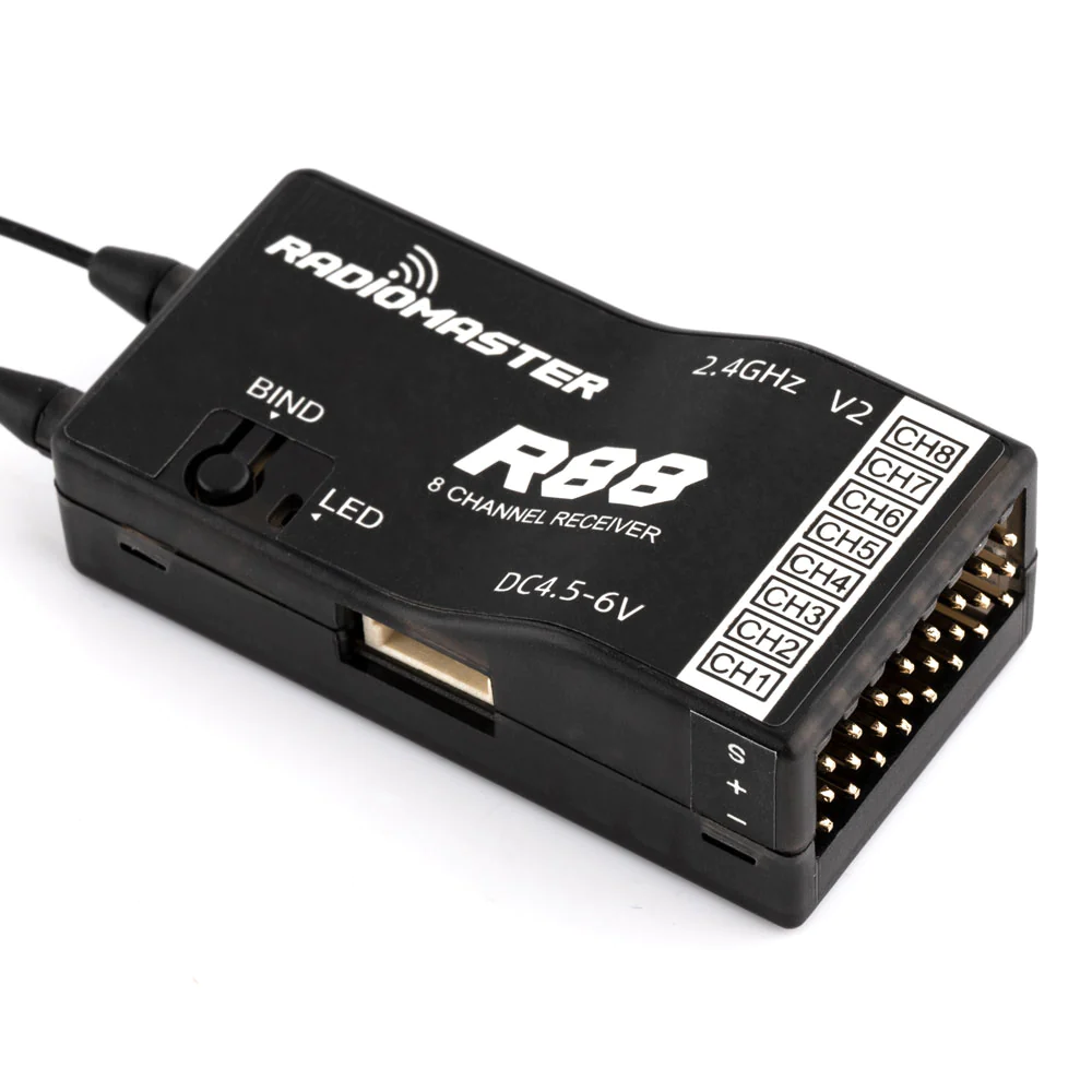 รีซีฟ RadioMaster R88 V2 ปรับใช้ได้ 3 ระบบ FRSky D8/D16 and Futaba S-FHSS มีทั้ง SBUS และ PWM CH1-8 และมี RSSI ที่ CH9