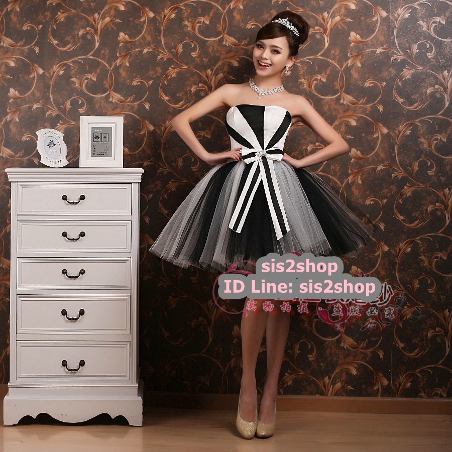 พร้อมเช่า ชุดแฟนซี ชุดราตรีสั้น กระโปรงสุ่ม ลายทางริ้ว เก๋มาก มี 3 สี