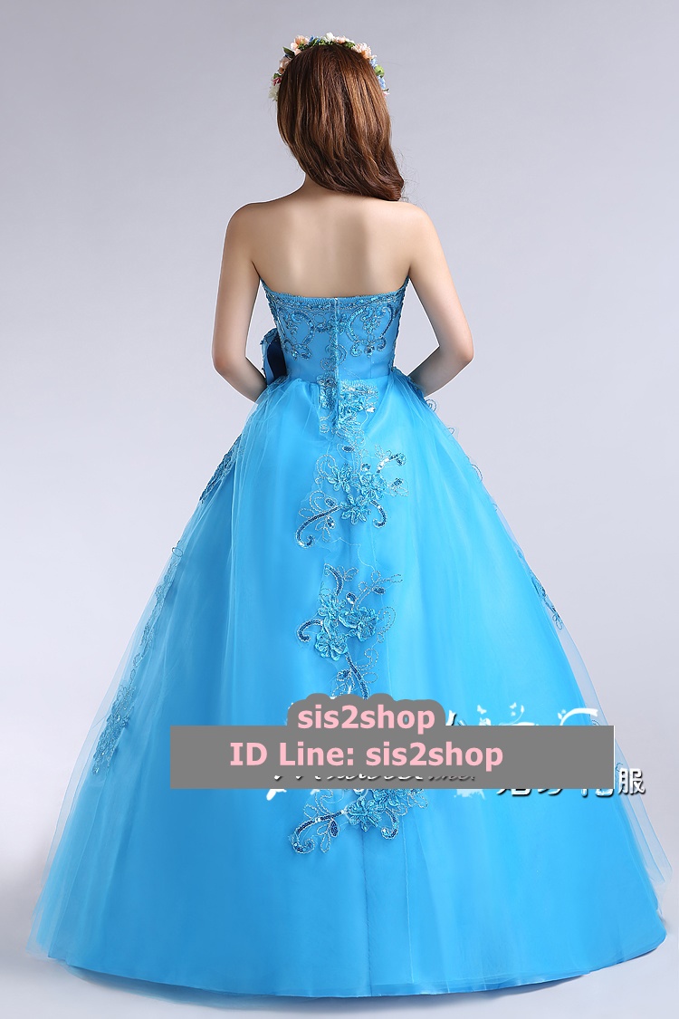 พร้อมเช่า ชุดแฟนซี ชุดราตรี สีฟ้า เกาะอก ลูกไม้ปัก แต่งโบว์ที่เอว ซิปหลัง