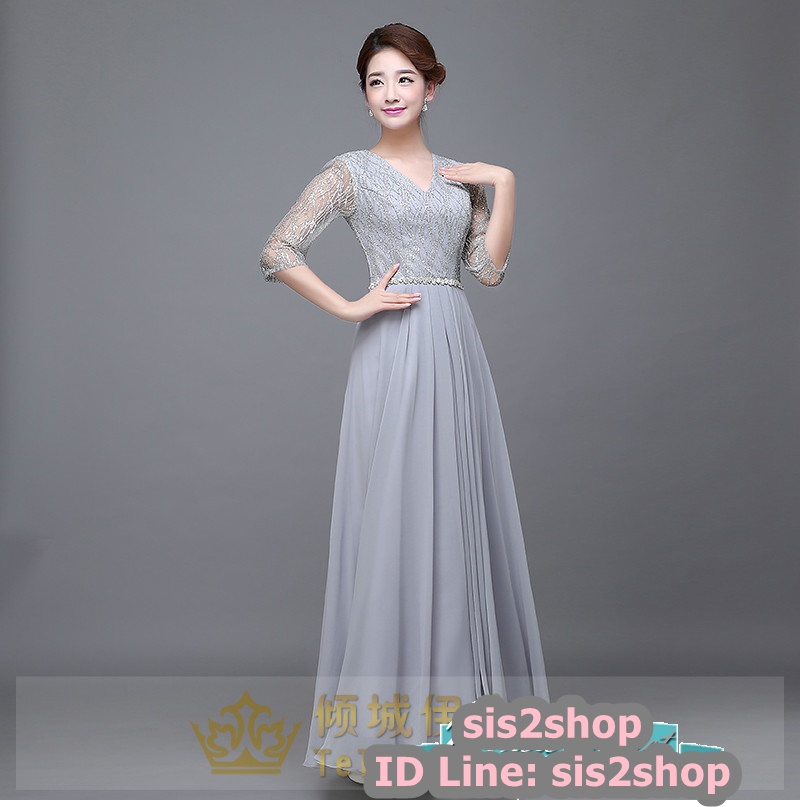 พร้อมส่ง ชุดราตรียาว สีเทา แขนสามส่วน แต่งเม็ดกากเพชร ช่วงแขนผ้าโปร่ง สวยหรู คาดเข็มขัดช่วงเอว (XL-7XL)