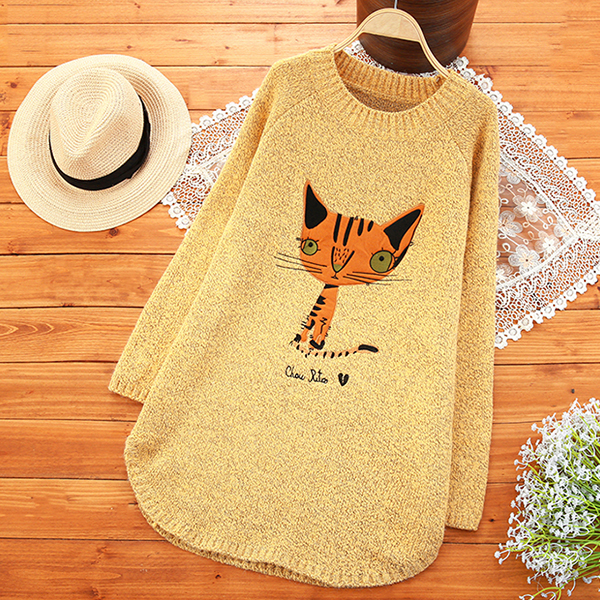 เสื้อไหมพรมกึ่งวูลหนานุ่ม ปักลายแมวน่ารัก (12355LM)