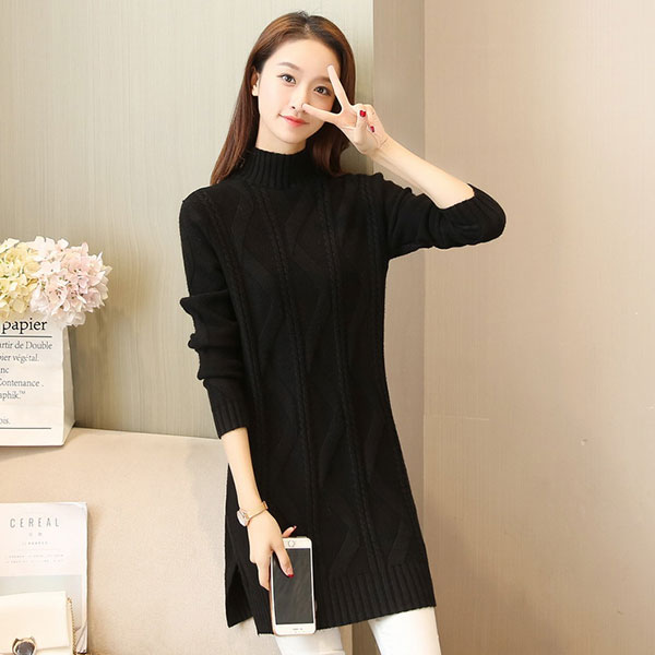 เดรสคอเต่ากันหนาว ไหมพรมวูลหนานุ่มถักลาย (12067B)