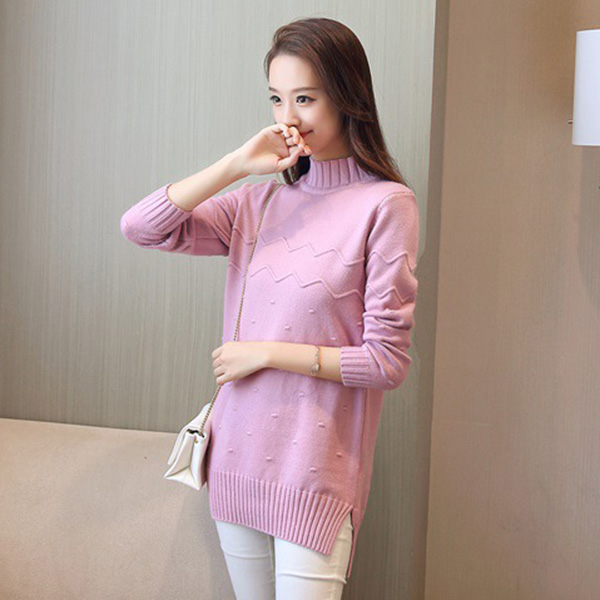 เสื้อสเวตเตอร์ไหมพรมคอเต่าตัวยาว ผ้าหนานุ่มถักลายนูน (12167B)