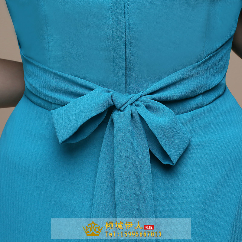 Pre-order ชุดราตรียาว ชุดเพื่อนเจ้าสาว แขนยาว แต่งลูกไม้ช่วงอก กระโปรงชีฟอง แต่งเลื่อม คาดโบว์ที่เอว มีซิป