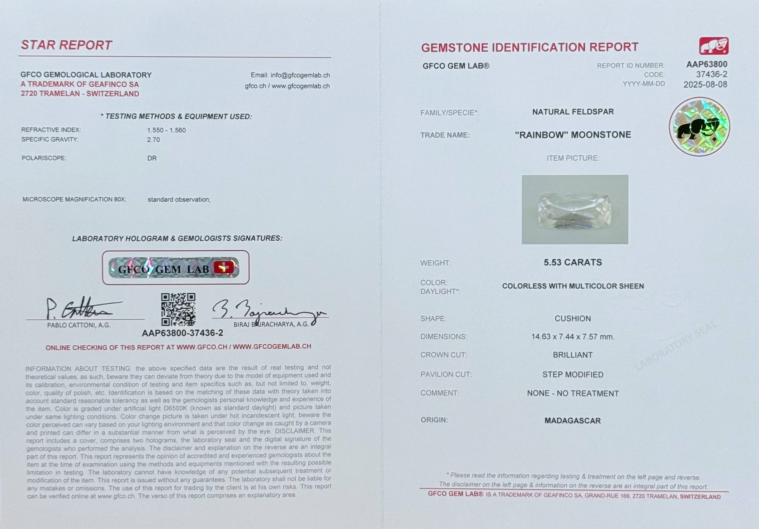 พลอย มูนสโตน เรนโบว์ Rainbow Moonstone 5.53 กะรัต (cts.) พลอยแท้ อัญมณีมงคลประจําวันเกิด เครื่องประดับพลอย