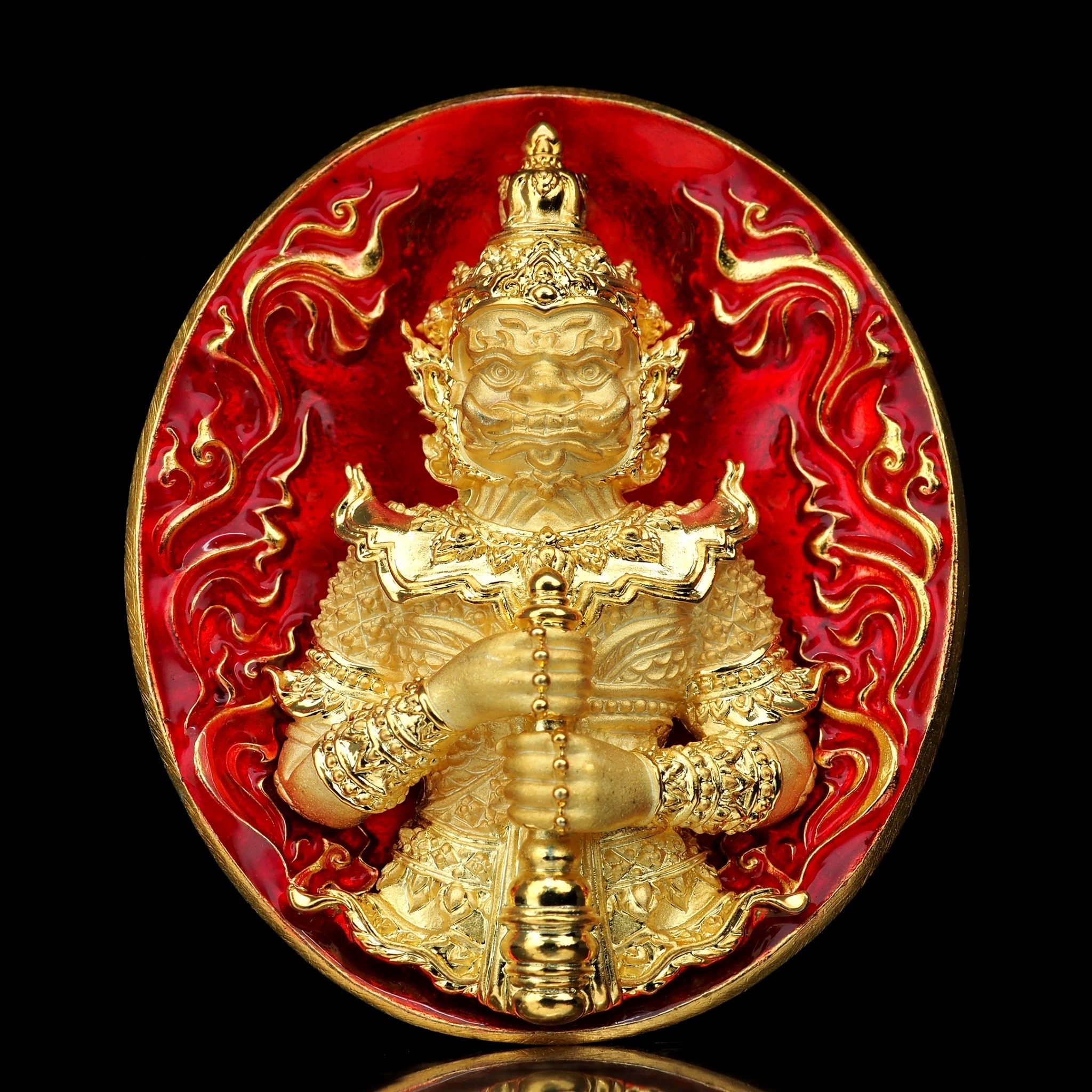 ท้าวเวสสุวรรณโณ รุ่นบันดาลประทานพร รหัส3 เนื้อบรอนซ์ชุบทองลงยาแดง องค์ชุบทองขัดเงา ขนาด 3.3 X 2.9 เซนติเมตร