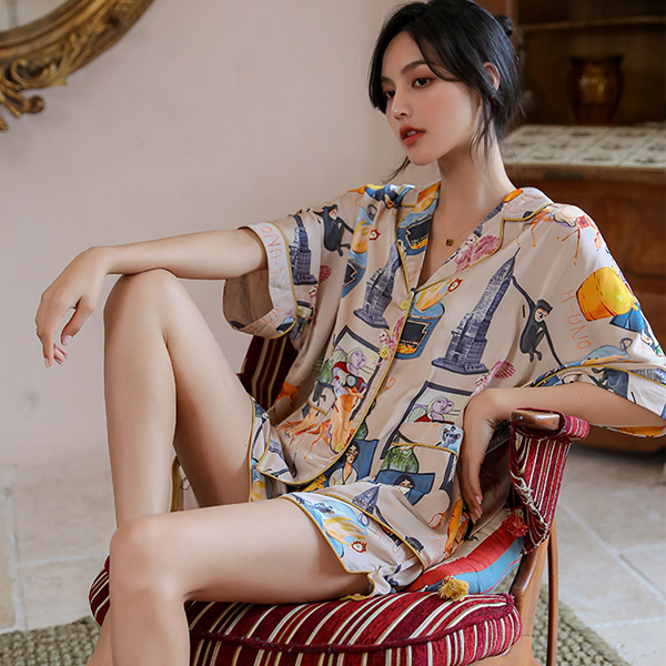 🚩พร้อมส่ง🚩ชุดนอน Silk Satin ไหมซาตินเกรดพรีเมี่ยม พิมพ์ลายสไตล์วินเทจ ผ้านุ่มลื่นละมุนผิว (ST125)