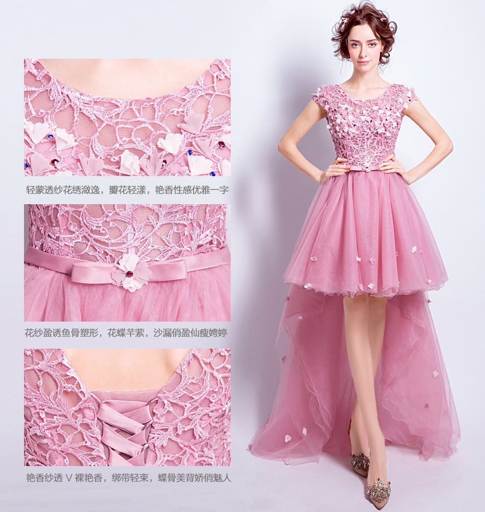 Pre-order ชุดแฟนซี ชุดเจ้าสาว ชุดราตรี สีชมพู แขนกุด ผ้าลูกไม้ แต่งดอกไม้ช่วงบน เชือกผูกหลัง