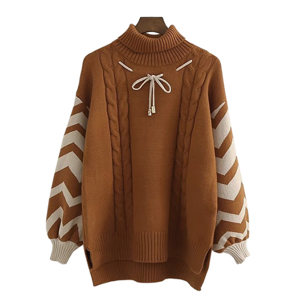 เสื้อคอเต่า เสื้อคอพับ เสื้อไหมพรมวูลแขนบอลลูนถักลาย (12161LM)