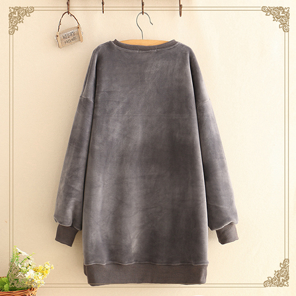 เดรสกันหนาว แขนยาว ผ้ากำหยี่หนานุ่มปักลายแมว (12335LM)