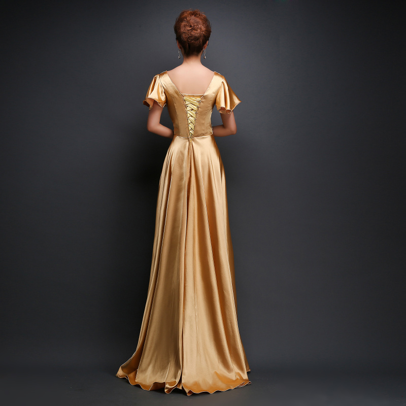 พร้อมส่ง ชุดราตรียาว แบบแขนสั้น ผ้าซาตินสวยสง่า อกจับจีบปักเลื่อมช่วงอก-เอว สีทอง (เชือกผูกหลัง)