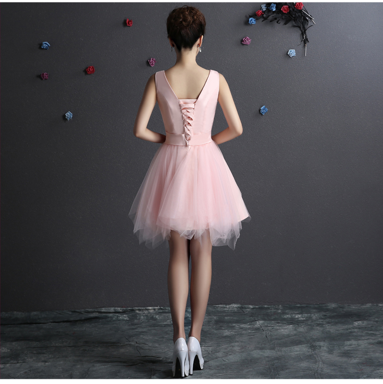 Pro-order ชุดราตรีสั้น แขนกุด คอวี จับจีบช่วงอก กระโปรงตาข่าย เชือกผูกหลัง ไซส์ใหญ่ XS-4XL