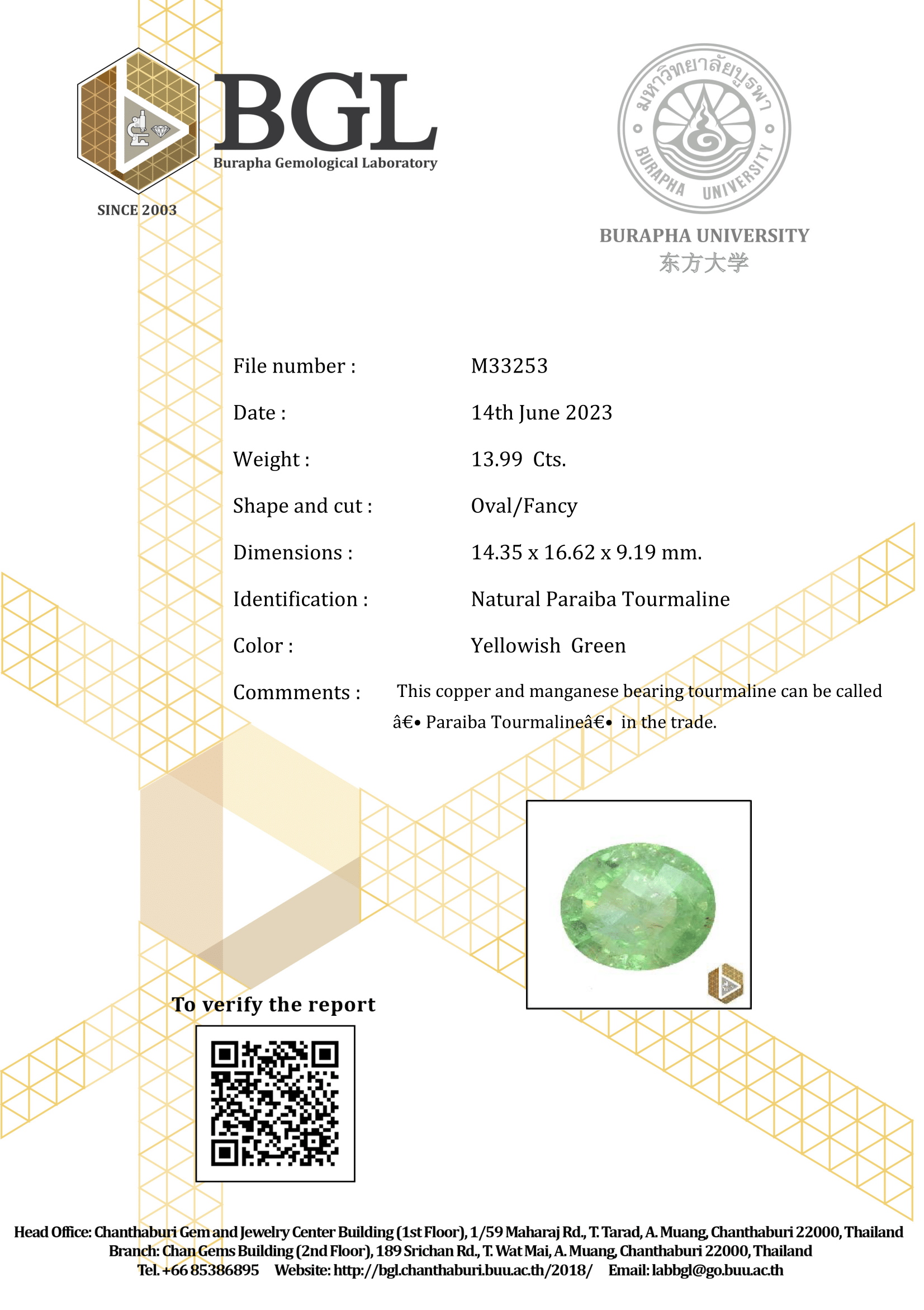 พลอย พาไรบ้า ทัวร์มาลีน Paraiba Tourmaline 13.99 กะรัต (Cts.) พร้อมใบเซอร์ พลอยแท้อัญมณีมงคล ประจําวันเกิด เครื่องประดับพลอย