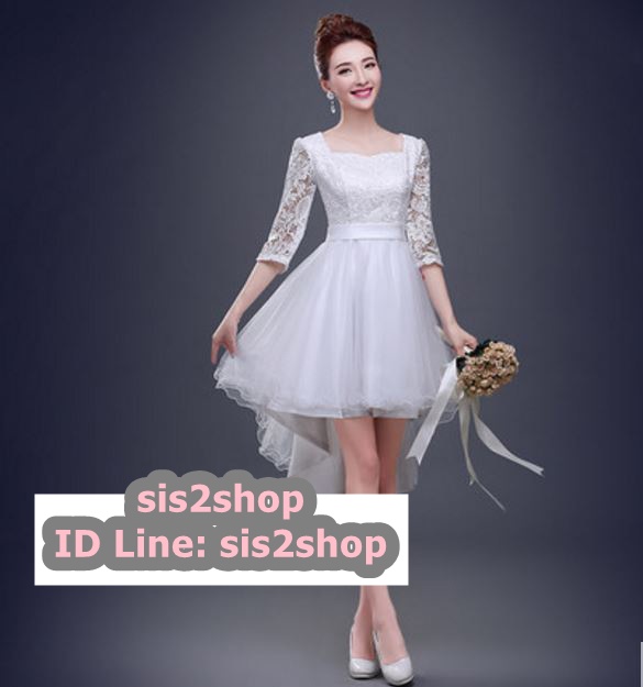 พร้อมส่ง ชุดราตรี สีขาว ลูกไม้ฉลุ กระโปรงหน้าสั้นหลังยาว 2XL- 6XL (เชือกผูกหลัง)