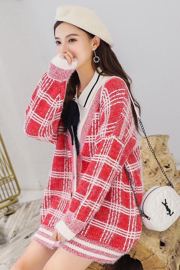 Premium Cardigan เสื้อคลุมไหมพรมขนนุ่ม คอวี ถักลายตาราง (12276B)