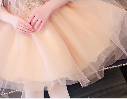 Pre-order ชุดราตรีเด็ก แขนกุด แต่งขนนกช่วงบน กระโปรงตาข่าย เชือกผูกหลัง น่ารักมาก