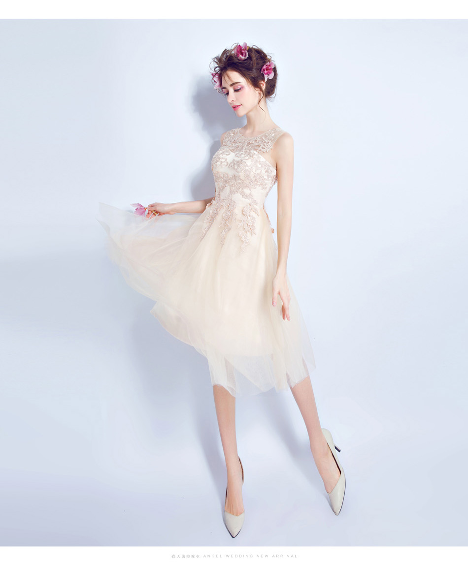 Pre-order ชุดแฟนซี ชุดเจ้าสาว ชุดราตรีสั้น สีครีมแชมเปญ แขนกุด แต่งลูกไม้ช่วงบน กระโปรงตาข่าย เชือกผูกหลัง