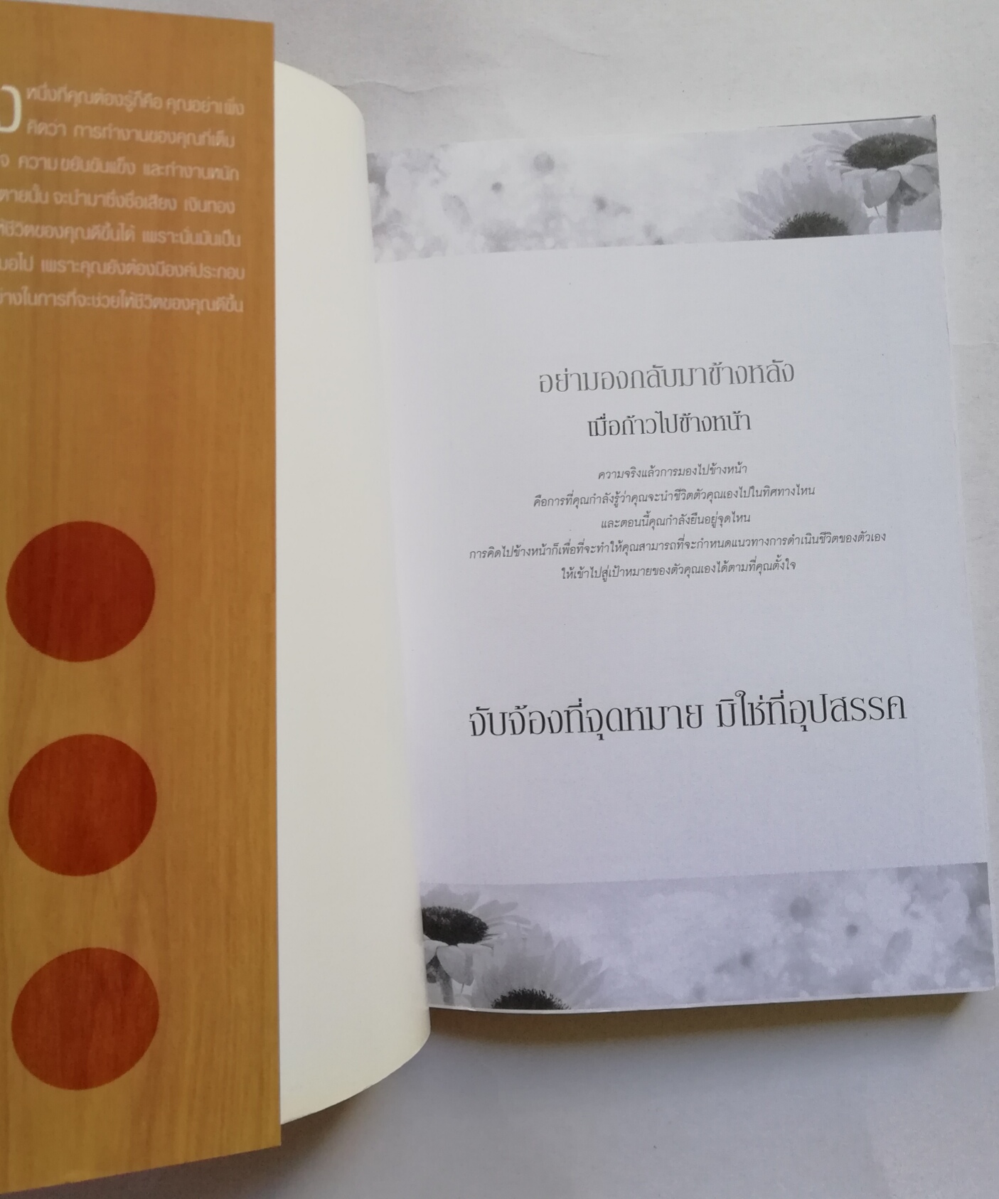 หนังสือการพัฒนาตัวเอง *หน้าแรกด้านในมีรอยกาวทาสันปก "จับจ้องที่จุดหมาย มิใช่ที่อุปสรรค" คิดแบบเดิม ใ้ชีวิตแบบเดิม ทำงานแบบเดิม อนาคตก็ไม่แตกต่าง หากต้องการให้ชีวิตเปลี่ยนไปในทางที่ดีขึ้น ลองตั้งเป้าหมาย เขียนแผนที่ชีวิต แล้วเดินไปตามเส้นทาง จับ