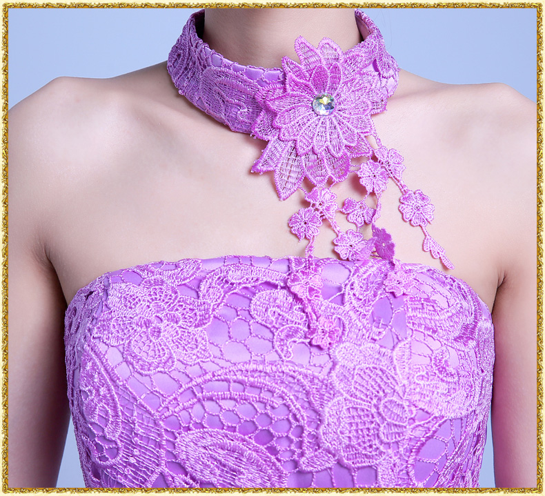 พร้อมส่ง ชุดราตรีสั้น เพื่อนเจ้าสาว สีม่วง กระโปรงตาข่ายแบบเกาะอก หน้าสั้นหลังยาว พร้อมสร้อยคอลายลูกไม้ ถอดแยกได้ ซิปข้างลำตัว (จับสม๊อกด้านหลัง) ** เหลือเฉพาะไซส์เล็ก **