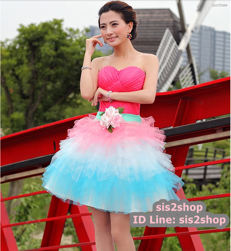 พร้อมเช่า ชุดแฟนซี ชุดราตรีสั้น สีชมพู เกาะอก จับจีบ กระโปรงเป็นชั้น พองสวย สำเนา