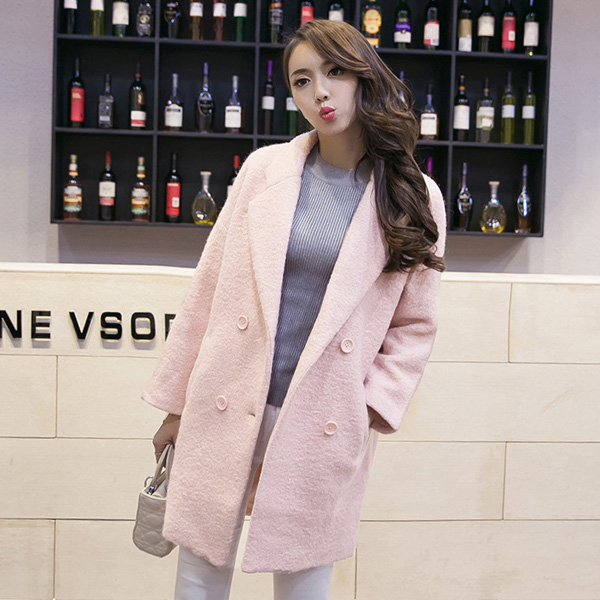 เสื้อโค้ทกันหนาวตัวยาว ผ้าวูลขนแกะ แต่งกระเป๋าคู่ (12188X)