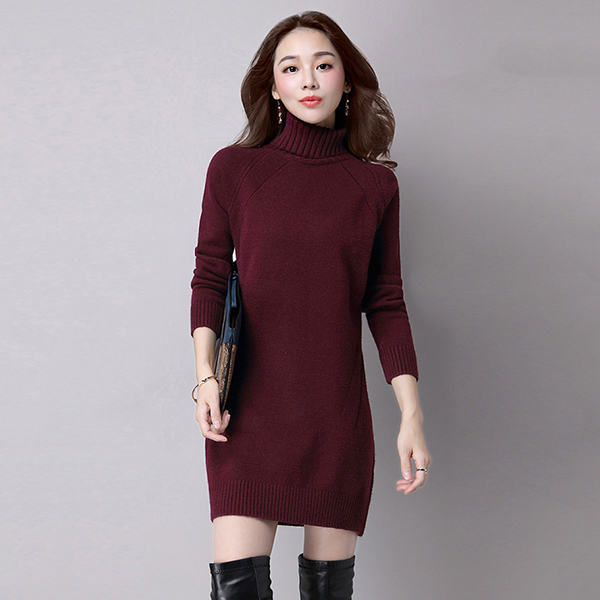 เดรสคอเต่ากันหนาว เดรสคอพับ ผ้าไหมพรมวูลหนานุ่ม (12170B)