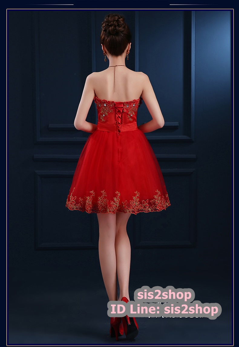 พร้อมส่ง ชุดราตรีสั้น เกาะอก แต่งดอกช่วงอก ผ้าตาข่ายปักเลื่อม แต่งโบว์คริสตัลช่วงเอว สีแดง