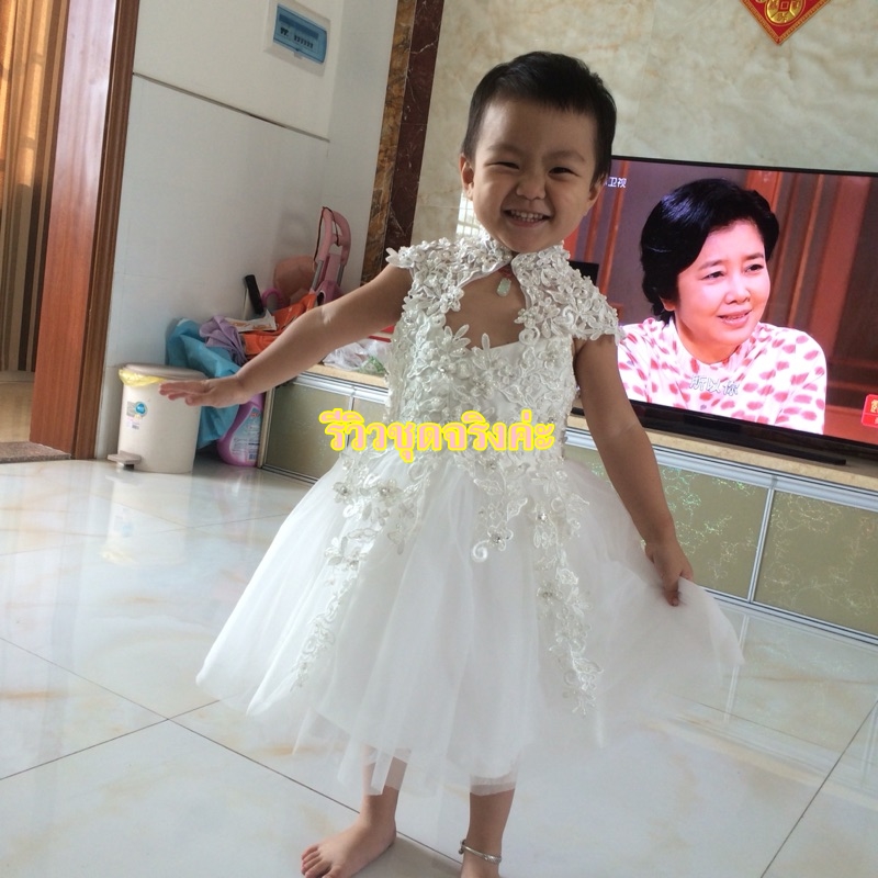 Pre-order ชุดราตรีเด็ก ชุดออกงาน ชุดกระโปรง สไตล์เจ้าหญิง แขนสั้น คอจีน เว้าตรงอก แต่งผ้าลูกไม้ กระโปรงตาข่าย มีซิปหลัง