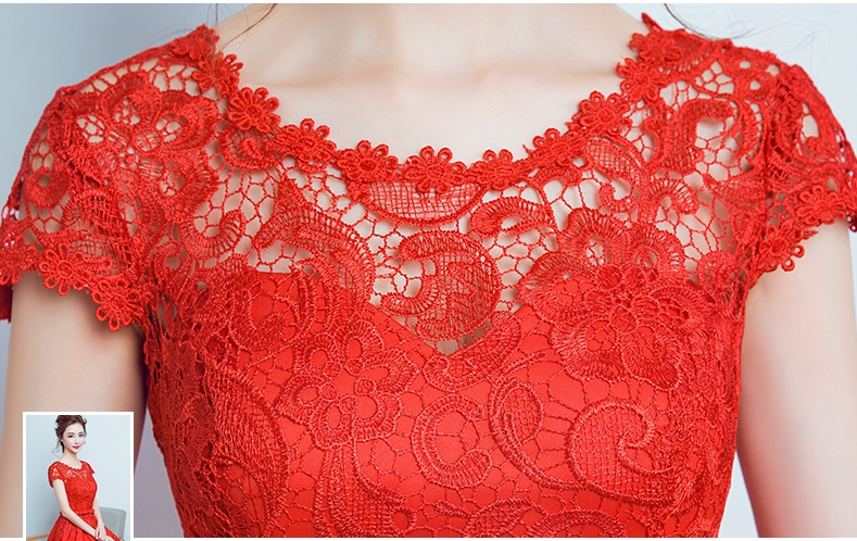 Pre-order ชุดราตรีสั้น สีแดง แต่งลูกไม้ทั้งชุด เพิ่มโบว์ช่วงเอว กระโปรงหน้าสั้นหลังยาว เชือกผูกหลัง