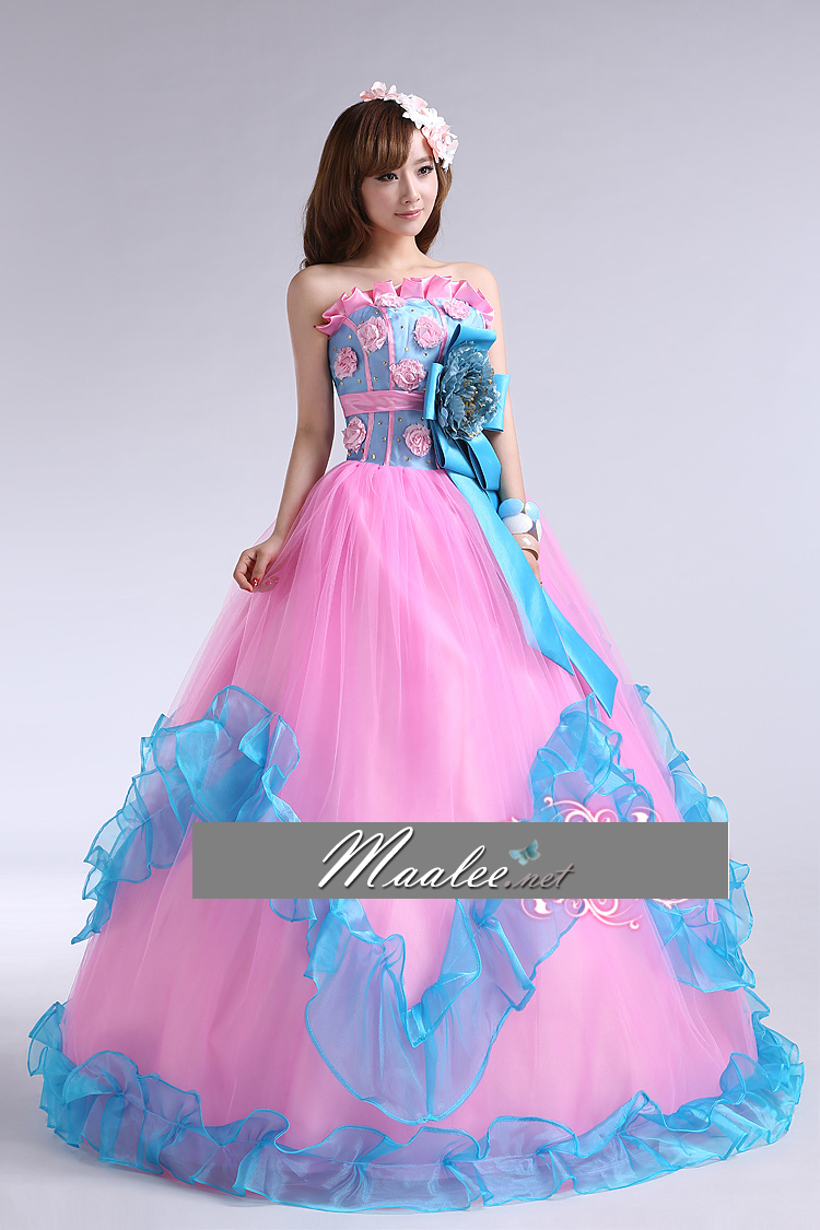 พร้อมเช่า ชุดแฟนซี ชุดราตรี สีฟ้า เกาะอก ไหล่เดียว แต่งดอกช่วงอกและเอว เชือกผูกหลัง กระโปรงพองสวย สไตล์เจ้าหญิง