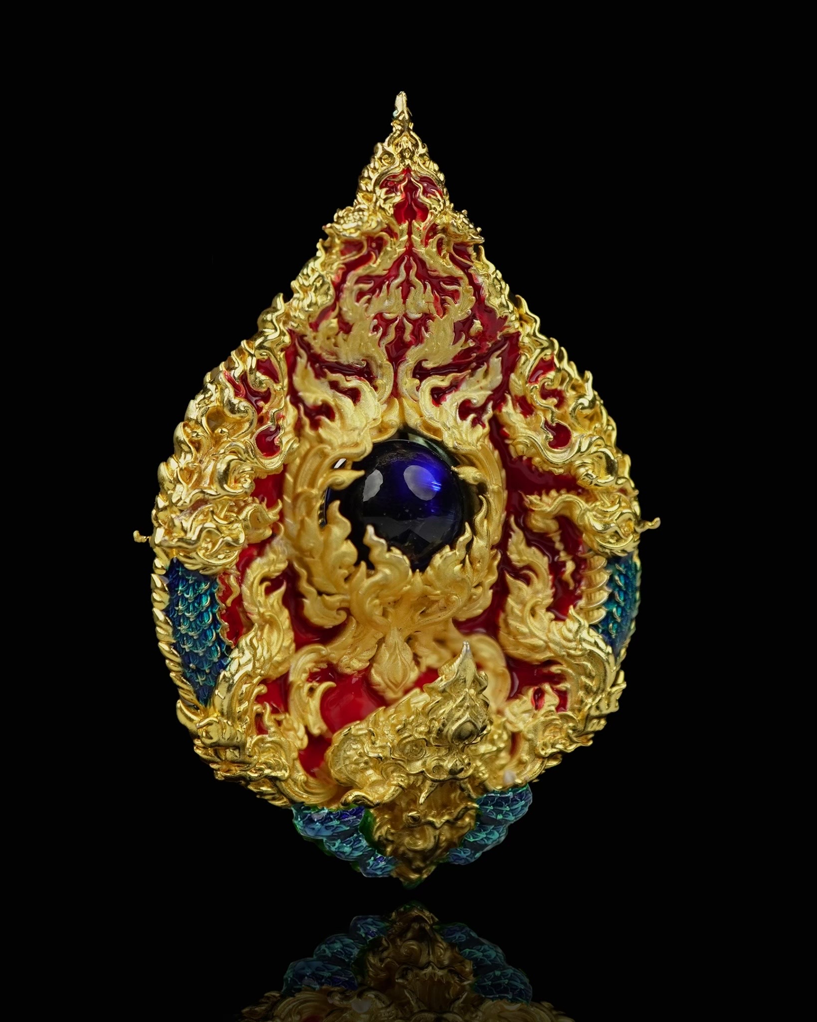 เหรียญมณีนาคราชแก้วบุญฤทธิ์ รหัส5 เนื้อบรอนซ์ชุบทอง ลงยาแดงน้ำเงิน