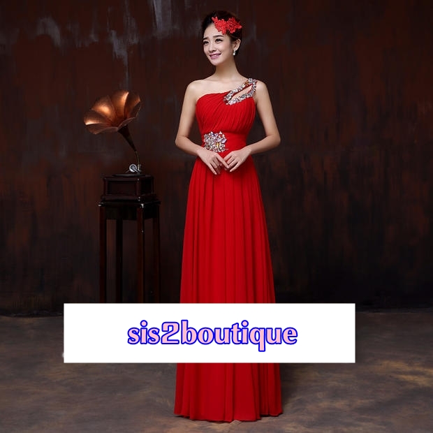 Pro-order ชุดราตรียาว ไหล่เดียว ผ้าชีฟอง แต่งเลื่อม แต่งมุก ช่วงเนินอกและเอว เชือกผูกหลัง